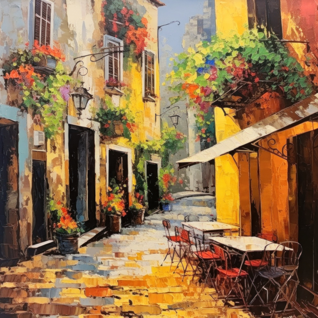 2308049 - Idyllische Gasse | Bestellen Sie dieses digitale Gemälde als hochwertigen Kunstdruck auf Leinwand, Acrylglas, Dibond oder als Poster.