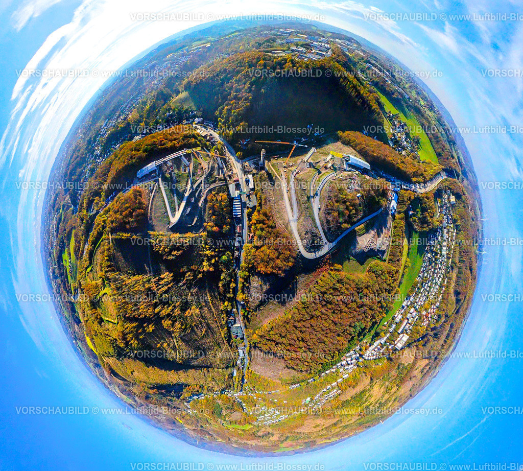 Luedenscheid241090447Rahmedebruecke | Luftbild, Großbaustelle und Neubau der Rahmedetalbrücke der Autobahn A45, Waldgebiet Sauerland, Erdkugel, Fisheye Aufnahme, Fischaugen Aufnahme, 360 Grad Aufnahme, tiny world, little planet, fisheye Bild, Gevelndorf, Lüdenscheid, Ruhrgebiet, Nordrhein-Westfalen, Deutschland