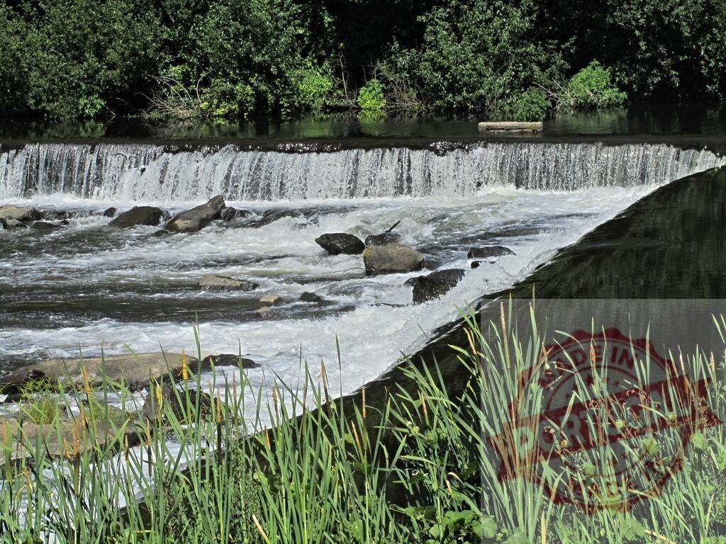 Water flowing over a man-made waterfall in a forest river. Norte - Portugal | River water flowing over a small dam surrounded by rocks, trees, and tall green grass - Realisiert mit Pictrs.com