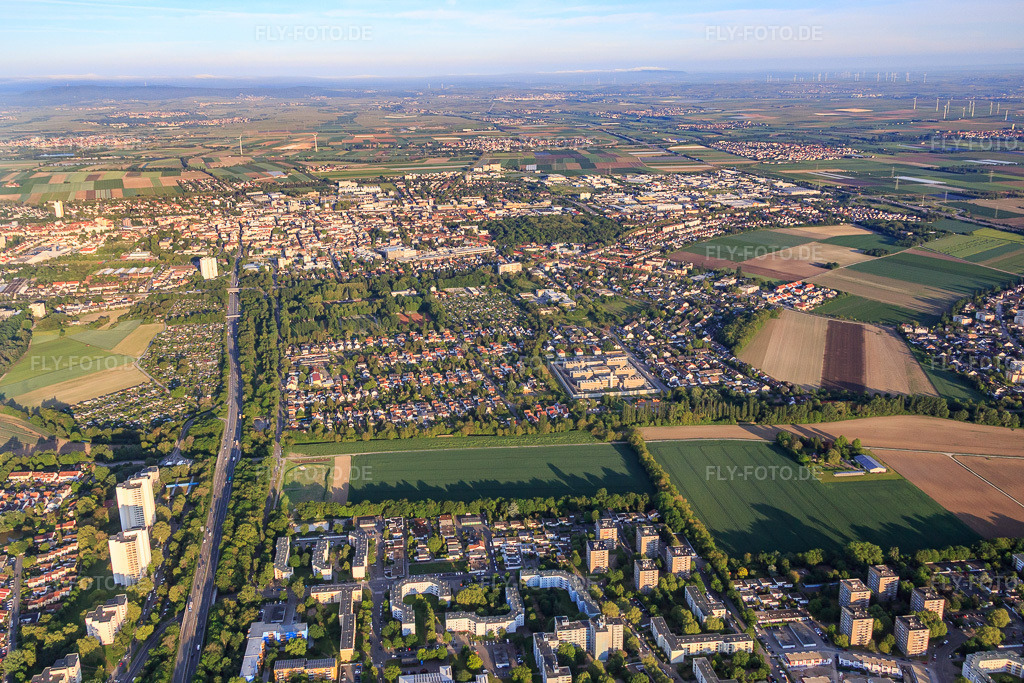 Luftbild: Ortsansicht am Morgen von Osten mit Justizvollzugsanstalt in Frankenthal im Bundesland Rheinland-Pfalz in Deutschland. Foto: IMG_088654.jpg vom 20.05.2016 durch Werner Riehm/FLY-FOTO.de