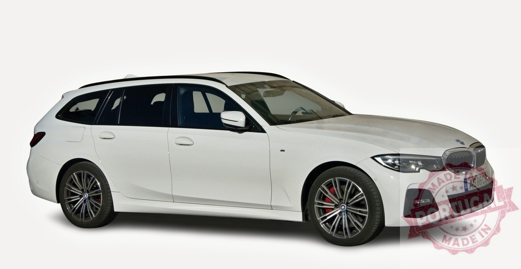 BMW 3 series touring is parked on a white background | White BMW 3 series touring is parked, showing its left side - Realized with Pictrs.com