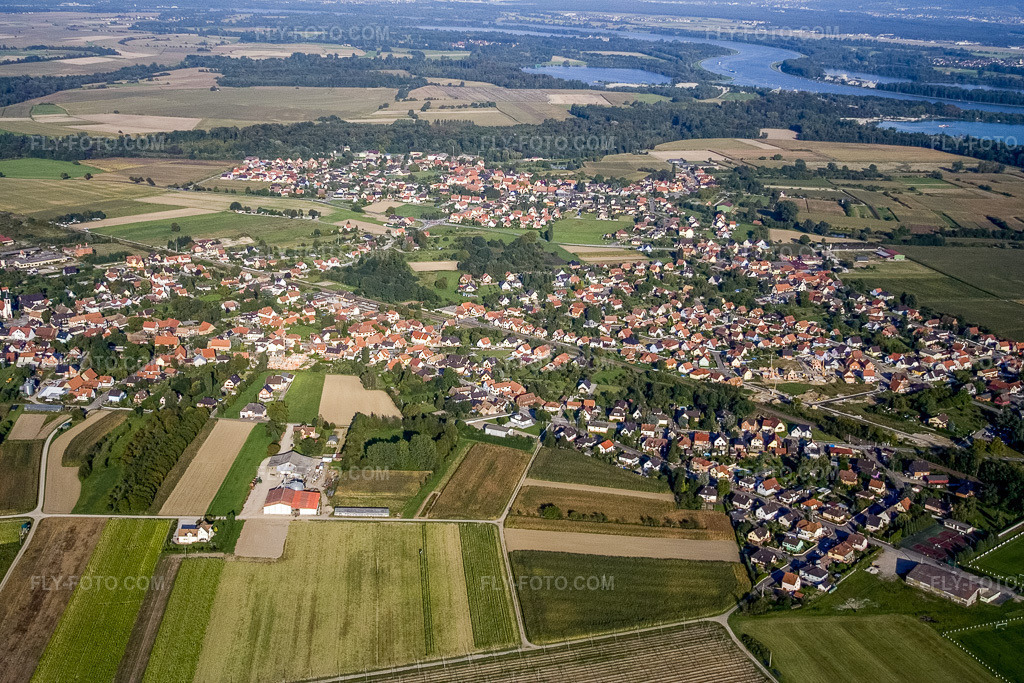 Aerial view: Agricultural fields and arable land in Sessenheim in the state Bas-Rhin, France.Photo: IMG_8118.jpg taken on 09/15/2007 by Werner Riehm/FLY-FOTO.comResolution of the original: 3456 x 2304 px