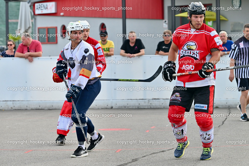 VAS Ballhockey vs. HSC Eagles Poggersdorf | #11 Potocnik Luca, #82 Wilhelmer Philip, VAS Ballhockey vs. HSC Eagles Poggersdorf, VAS Ballhockey vs. HSC Eagles Poggersdorf am 14.07.2024 in Villach (Alpen Arena ), Austria, (Photo by Bernd Stefan)