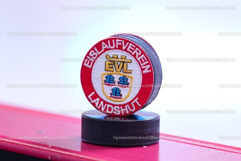 xYDRx20022601001 | 20.02.2026, xydrx, Eishockey, DEL2, Düsseldorfer EG - EV Landshut, PSD Bank Dome Düsseldorf: Eishockey Puck mit dem Logo des EV Landshut   Photo: xYannisxDreimannxPressefotoKochx