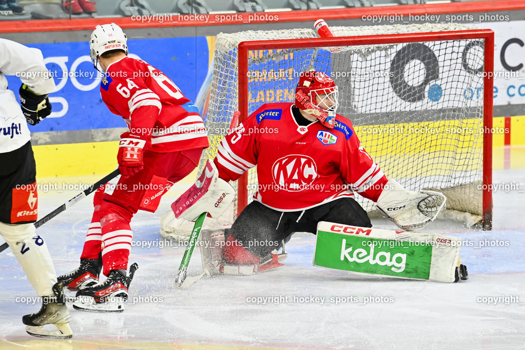 EC KAC Future Team vs. Die Adler Kitzbühl 7.10.2023 | #64 Preiml Maximilian EC KAC FUTURE TEAM, #75 Kropiunig Ralf EC KAC FUTURE TEAM, EC KAC Future Team vs. Die Adler Kitzbühl 7.10.2023, EC KAC Future Team vs. Die Adler Kitzbühl am 07.10.2023 in Klagenfurt (Messehalle Klagenfurt), Austria, (Photo by Bernd Stefan)