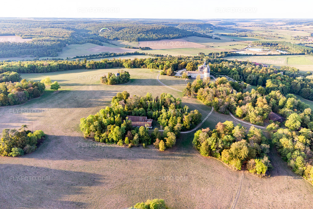 Aerial view: Chateau de Bourlémont in Frebécourt in the state Vosges, France.Photo: IMG_118312.jpg taken on 09/15/2019 by Werner Riehm/FLY-FOTO.comResolution of the original: 5472 x 3648 px