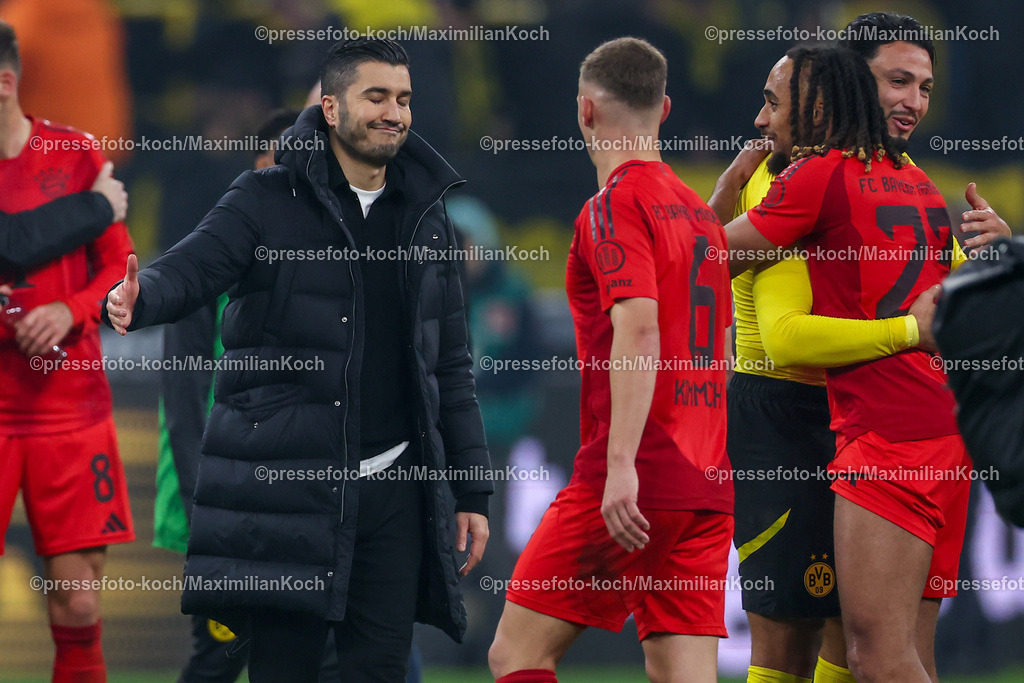BVB30112401088 | 30.11.2024, Borussia Dortmund - FC Bayern München, 1. Fußball Bundesliga, 12. Spieltag, Signal Iduna Park, Saison 2024 2025: Eindrücke vom Spielfeld nach dem 1:1 Unentschieden. - Trainer Nuri Sahin (Cheftrainer BVB) zusammen mit Joshua Kimmich (Bayern #6)DFB regulations prohibit any use of photographs as image sequences and or quasi-video.