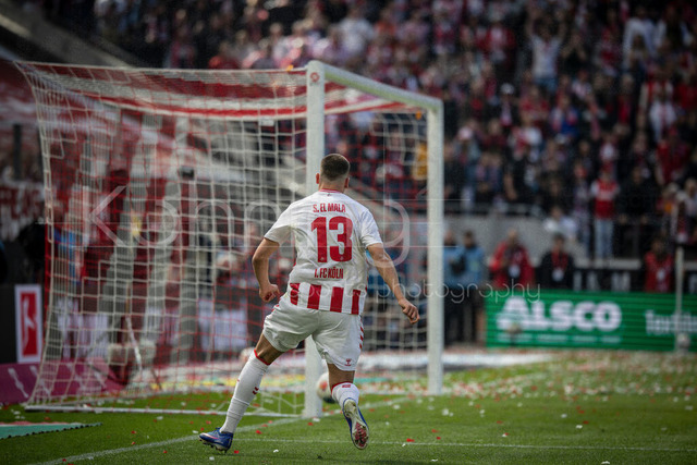 German Bundesliga,  1. FC Koeln - Bayer 04 Leverkusen, 25.04.2026 | KOELN, GERMANY - APRIL 25, 2026 :  Said El Mala  (1. FC Koeln, 13) tips the ball on the pole during the German Bundesliga match on gameday 31 between 1. FC Koeln - Bayer 04 Leverkusen at RheinEnergieSTADION on April 25, 2026 in Koeln, Germany. DFL REGULATIONS PROHIBIT ANY USE OF PHOTOGRAPHS AS IMAGE SEQUENCES AND/OR QUASI-VIDEO.