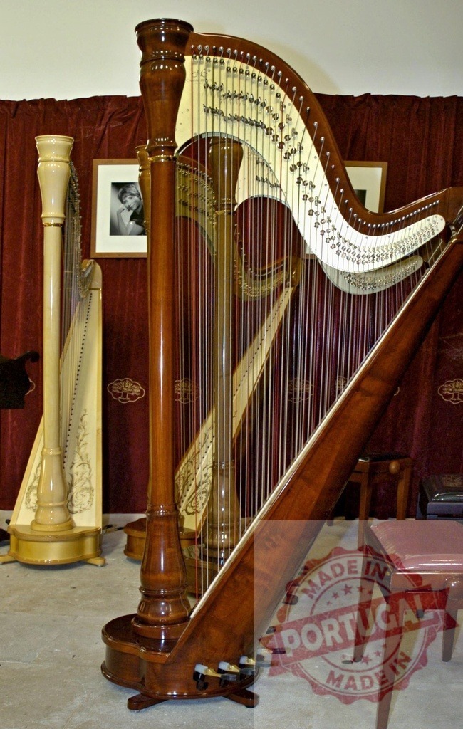Two beautiful harps standing in a music room, ready to be played | Two harps are waiting for the musicians to play them in a music room - Realisiert mit Pictrs.com