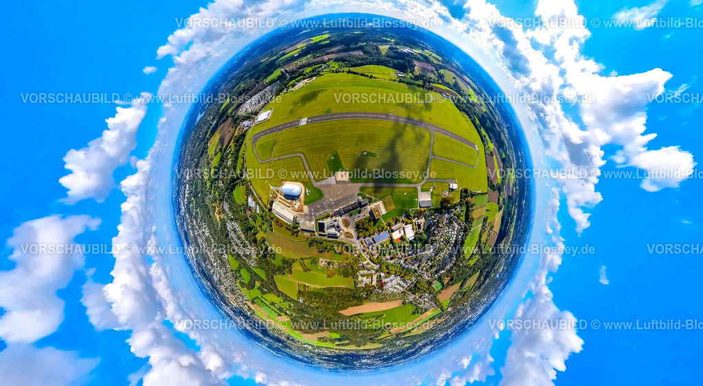 Essen241090027FlughafenEssenMuelheim | Luftbild, Flughafen Essen/Mülheim mit Startbahn und Landebahn, Zeppelinhalle und Flugzeuge, Erdkugel, Fisheye Aufnahme, Fischaugen Aufnahme, 360 Grad Aufnahme, tiny world, little planet, fisheye Bild, Holthausen - Südost, Mülheim an der Ruhr, Ruhrgebiet, Nordrhein-Westfalen, Deutschland