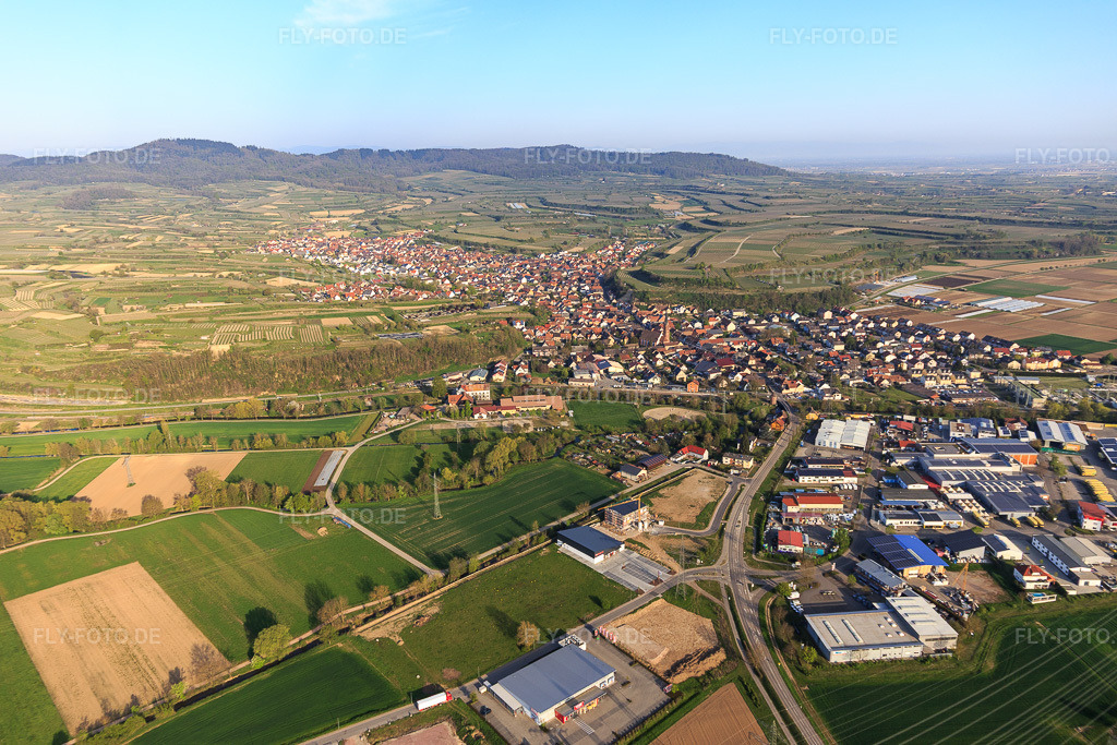 Luftbild: Ortsansicht mit Industriegebiet Bruckmatten mit Rinklin Naturkost GmbH in Eichstetten am Kaiserstuhl im Bundesland Baden-Württemberg in Deutschland. Foto: IMG_126692.jpg vom 25.04.2021 durch Werner Riehm/FLY-FOTO.deRinklin Naturkost - Der Bio-Großhändler vom Kaiserstuhl