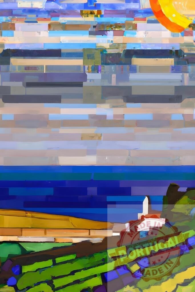 Abstract cubist painting of coastal landscape with sun | Abstract painting depicting a colorful landscape with sea, sun, hill, and building - Realisiert mit Pictrs.com