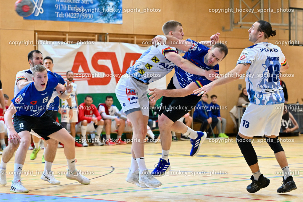SC Ferlach vs. ALPLA HC Hard 2.3.2024 | #8 KNAPP Simon SC Ferlach, #3 Antanavicius Karolis HC Hard, #57 LEBAN Patrik SC Ferlach, #13 WÜSTNER Frederic HC Hard, SC Ferlach vs. ALPLA HC Hard 2.3.2024, SC Ferlach vs. ALPLA HC Hard am 02.03.2024 in Ferlach (Ballspielhalle Ferlach), Austria, (Photo by Bernd Stefan)
