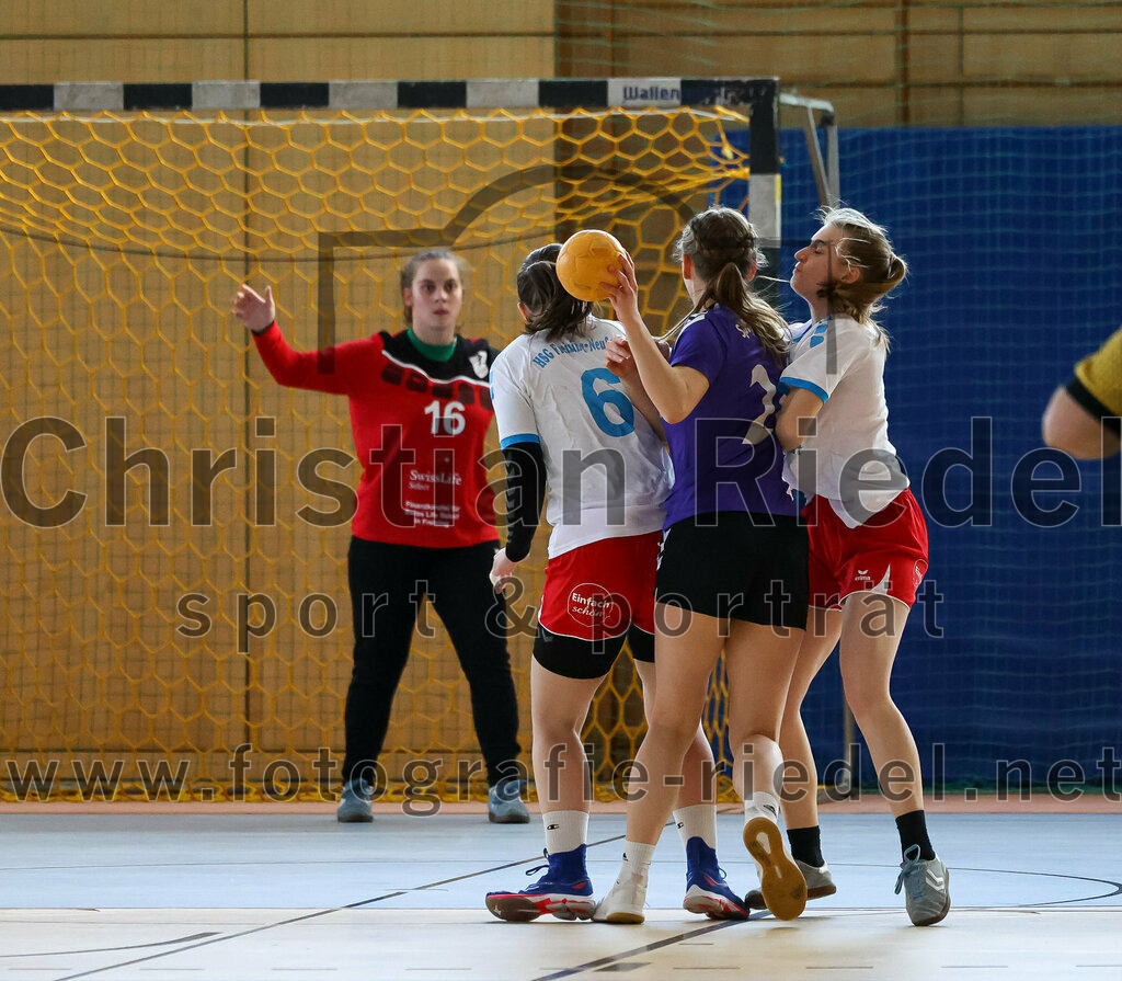 2023-03-18_017_SpVgg_Altenerding_II_gegen_HSG_Freising-Neufahrn_II | Erding, Deutschland, 18.03.2023:
Handball, Bezirksliga Frauen Altbayern 2022 / 2023, 14. Spieltag, SpVgg Altenerding II gegen HSG Freising-Neufahrn II, Endergebnis: 25:27

Torfrau Hanna Knecht (HSG Freising-Neufahrn, #16), Antonia Koch (HSG Freising-Neufahrn, #6), Sophie Lößl (SpVgg Altenerding, #24), Martina Martin (HSG Freising-Neufahrn, #7)

Foto: Christian Riedel / fotografie-riedel.net
