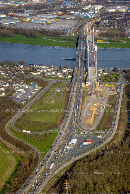 Duisburg230303182 | Luftbild, Baustelle mit Erweiterung der Autobahn A40 inklusive Ersatzneubau der Rheinbrücke Neuenkamp, Alt-Homberg, Duisburg, Ruhrgebiet, Nordrhein-Westfalen, Deutschland