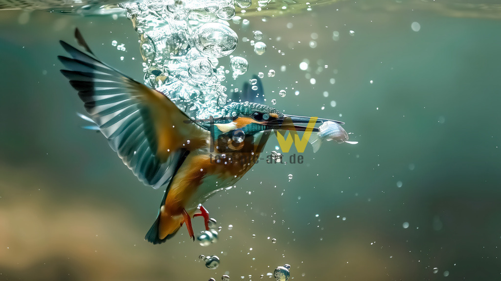 Ein Eisvogel taucht nach einem Fisch--Unterwasserszene--KI | Moment Aufnahme eines Eisvogels unter Wasser mit seiner Beute - Realisiert mit Pictrs.com
