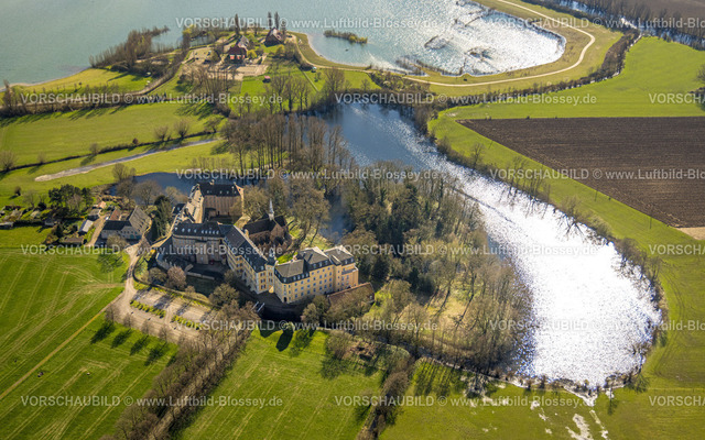 Rees240312801 | Luftbild, Klostergemeinschaft Haus Aspel mit Klosterkirche, Aspeler Meer und LSG Landschaftsschutzgebiet, Haldern, Rees, Nordrhein-Westfalen, Deutschland