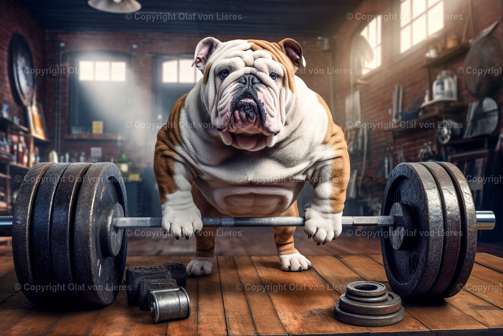 Bulldogge im Fitnesscenter | Hund hebt Gewichte im Fitnessstudio