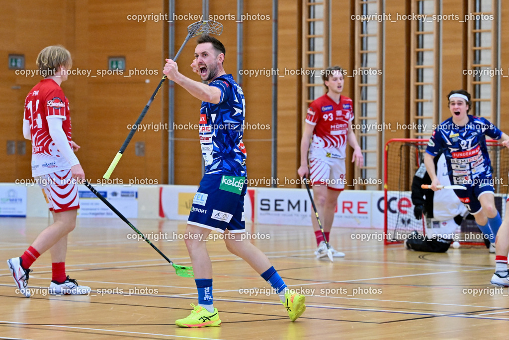 VSV Unihockey vs. KAC Floorball | Jubel #5 Michael Kanduth VSV Unihockey, #14 Pascual Fina KAC Floorball, #93 Marcel Gappmayer KAC Floorball, #27 Lukas Florianschitz VSV Unihockey, VSV Unihockey vs. KAC Floorball, VSV Unihockey vs. KAC Floorball am 12.04.2025 in Villach (Ballspielhalle St. Martin), Austria, (Photo by Bernd Stefan)