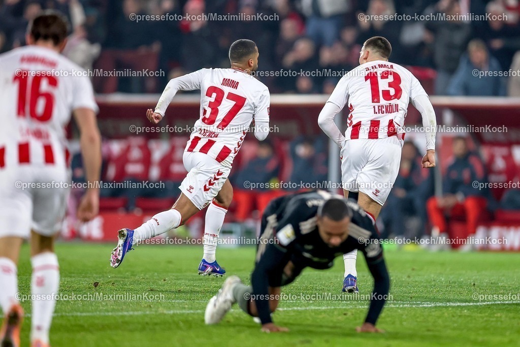 1FC14012601031 | 14.01.2026, Fußball, 1. FC Köln - FC Bayern München, 1. Fußball Bundesliga, 17. Spieltag, RheinEnergie-STADION, Saison 2025 2026: Torjubel nach dem Tor zum 1:0 durch Torschütze Linton Maina (1FC Koeln #37)  zusammen mit Linton Maina (1FC Koeln #37)   DFB regulations prohibit any use of photographs as image sequences and or quasi-video.