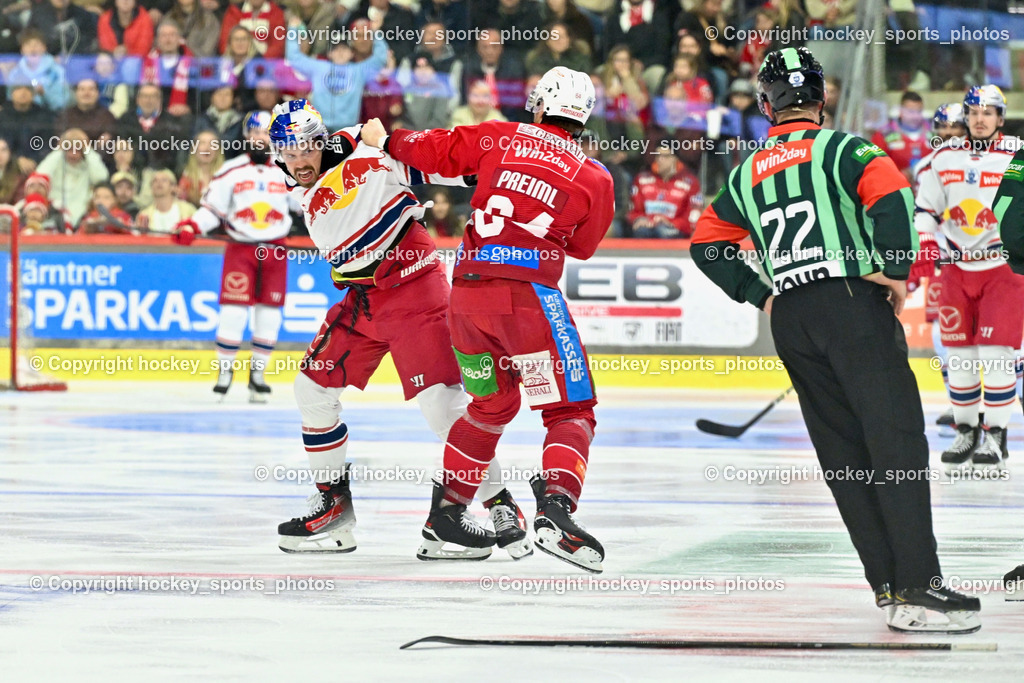 EC KAC vs. EC Red Bull Salzburb | Faustkampf, #64 Preiml Maximilian EC KAC, #17 Kosmachuk Scott EC RED BULL SALZBURG,  EC KAC vs. EC Red Bull Salzburb, EC KAC vs. EC Red Bull Salzburb am 04.04.2025 in Klagenfurt (Heidi Horten Arena), Austria, (Photo by Bernd Stefan)