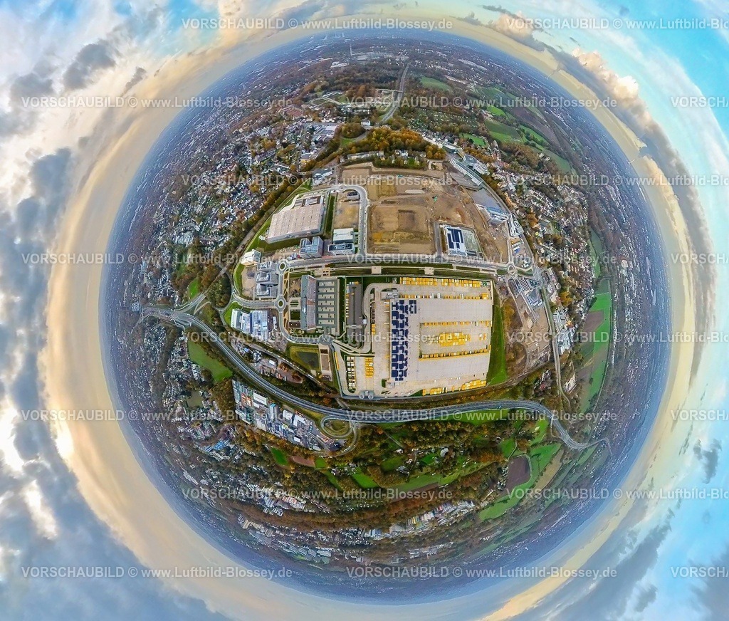 Bochum231190083Bochum-O-Werk-topaz | Luftbild, Großbaustelle Mark 51/7, O-Werk Campus und Neubau Wissenschafts- und Technologiequartier, ehemaliges Opel Areal an der Autobahn A448 und Wittener Straße, DHL Logistik, Erdkugel, Fisheye Aufnahme, Fischaugen Aufnahme, 360 Grad Aufnahme, tiny world, little planet, fisheye Bild, Laer, Bochum, Ruhrgebiet, Nordrhein-Westfalen, Deutschland