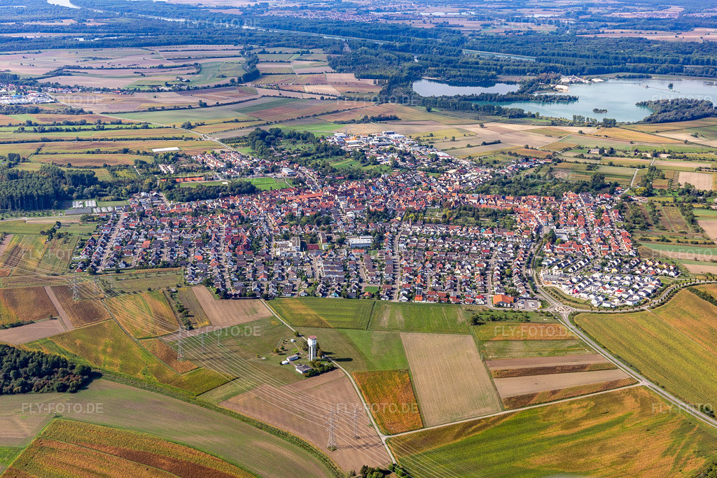 Luftbild: Ortsansicht der Straßen und Häuser der Wohngebiete im Ortsteil Liedolsheim in Dettenheim im Bundesland Baden-Württemberg in Deutschland. Foto: IMG_122840.jpg vom 11.09.2020 durch Werner Riehm/FLY-FOTO.de