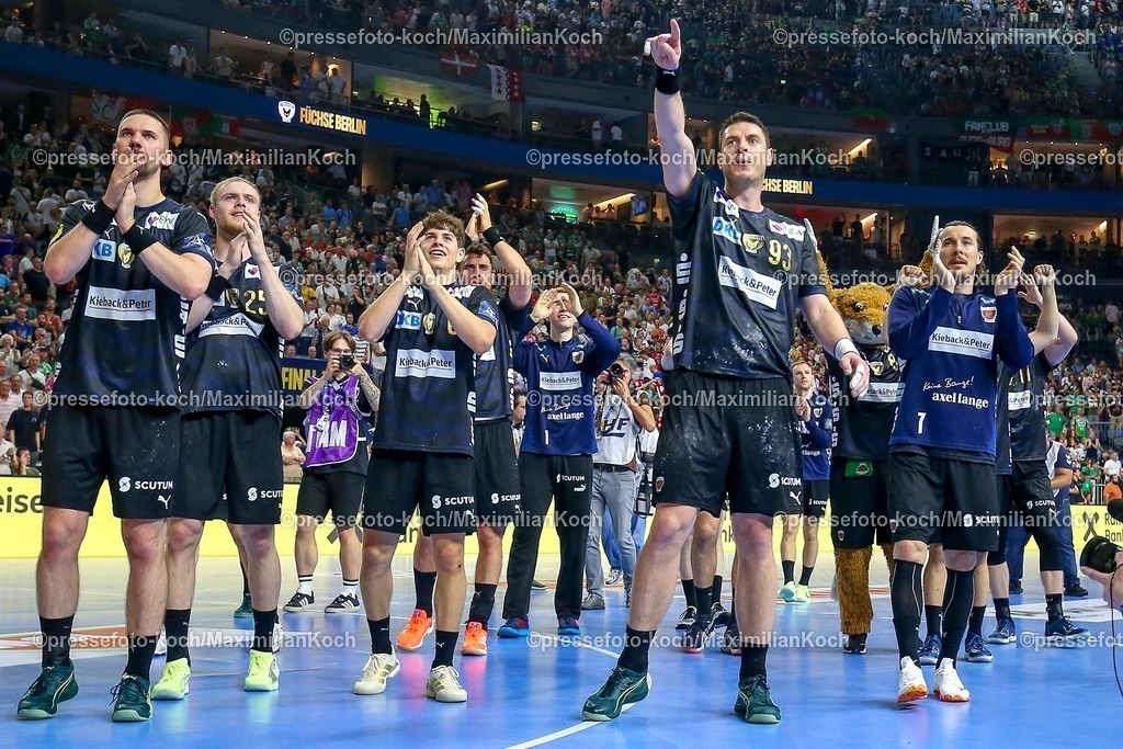 KoeEHF14062501127 | 14.06.2025, Handball, Halbfinale TruckScout24 EHF FINAL4, LANXESS arena Köln, Füchse Berlin - HBC Nantes: Jubel nach dem EInzug der Füchse Berlin ins Finale Mijajlo Marsenic  (Fuechse Berlin #93) 