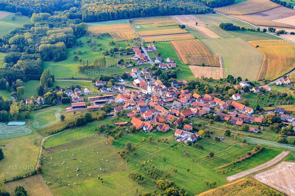 Luftbild: Dorfansicht aus Südosten in Keffenach im Bundesland Bas-Rhin in Frankreich. – Foto: IMG_53742.jpg vom 30.09.2012 durch Werner Riehm/FLY-FOTO.de – Auflösung des Originals: 4285 x 2857 px