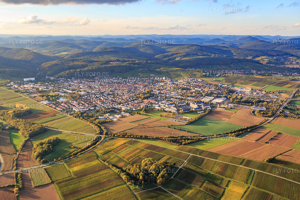 Luftbild: Stadtübersicht aus Südosten mit B38 Orstumgehung in Bad Bergzabern im Bundesland Rheinland-Pfalz in Deutschland. Foto: IMG_074648.jpg vom 14.10.2014 durch Werner Riehm/FLY-FOTO.de