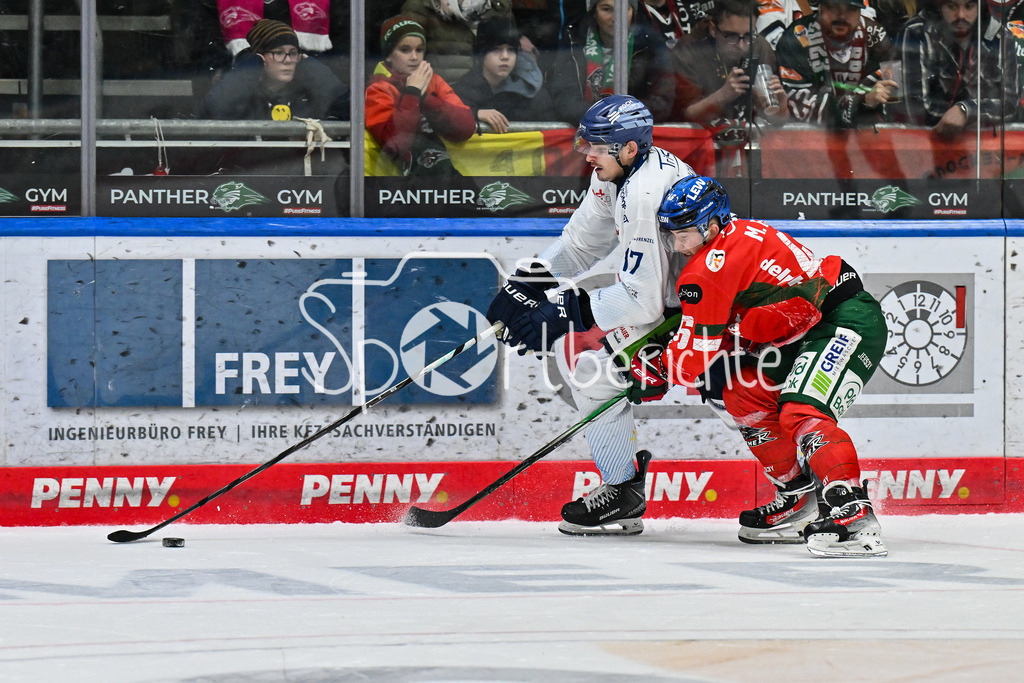 Augsburger Panther - Straubing Tigers | Augsburg, DEUTSCHLAND - 14. NOVEMBER: im Duell Adrian KLEIN (Straubing Tigers 17) und Moritz ELIAS (Augsburger Panther 46) beim Ligaspiel zwischen den Augsburger Panthern und den Straubing Tigers am 18. Spieltag der Penny DEL im Curt Frenzel Stadion am 14.11.2025