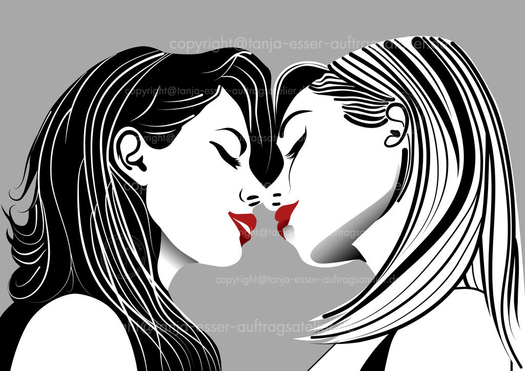 womans kiss D | Illustration zeigt zwei junge Frauen, die sich küssen. Weiß, schwarz, Grau, Rot vor grauem Hintergrund.