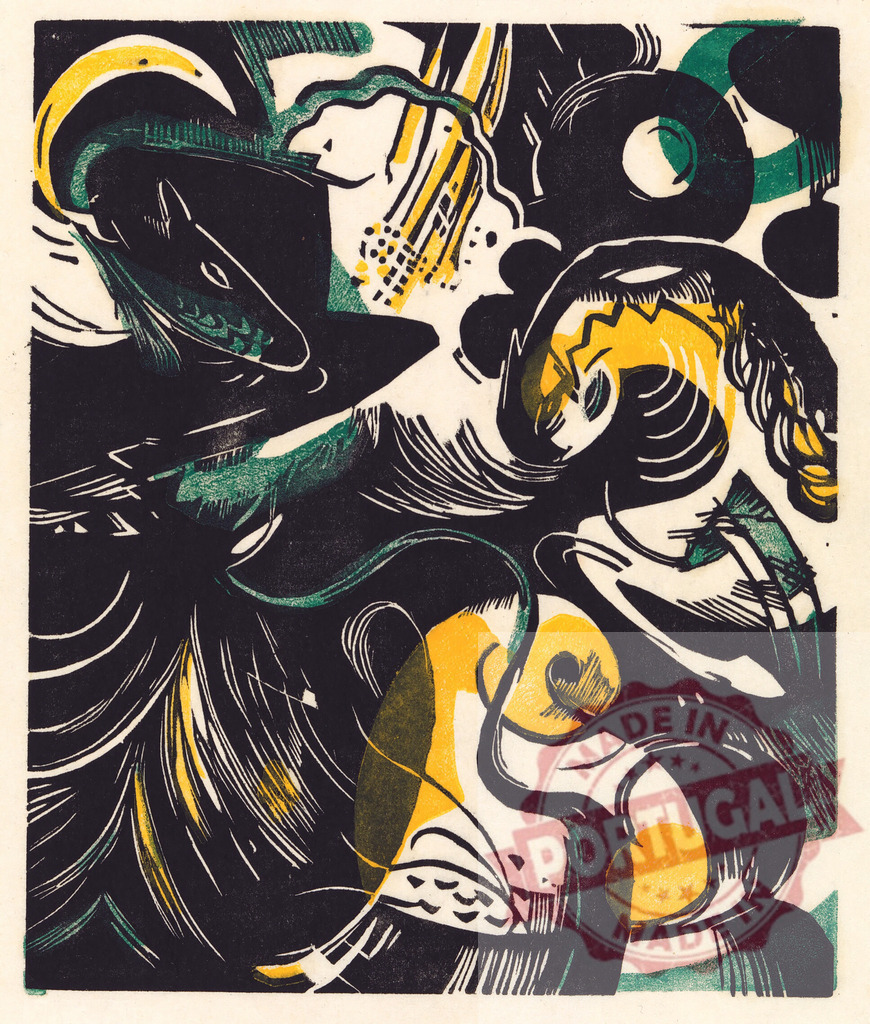 Franz Marc fighting forms woodcut expressionist art | Franz Marc expressionist woodcut showing abstract fighting forms - Realized with Pictrs.com