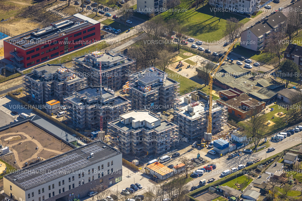 Herne250301857 | Luftbild, Kaiserquartier Herne, Baustelle mit Neubau einer Wohnanlage und Wohnsiedlung, Kita Lackmanns Hof Kindergarten und Hochhaus Wohnsiedlung, Baukau, Herne, Ruhrgebiet, Nordrhein-Westfalen, Deutschland