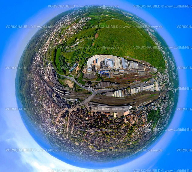 Hagen240590224HauptbahnhofsHintergehung | Luftbild, Bahnhofshinterfahrung Altenhagen mit Bahnhof Hagen Hbf, Baustelle für Ortsumgehung mit Neubau der Bahnhofshinterfahrung, Wehringhauser Straße, Werksgelände DM-Stahl GmbH mit Rangierbahnhof, Erdkugel, Fisheye Aufnahme, Fischaugen Aufnahme, 360 Grad Aufnahme, tiny world, little planet, fisheye Bild, Mittelstadt, Hagen, Ruhrgebiet, Nordrhein-Westfalen, Deutschland