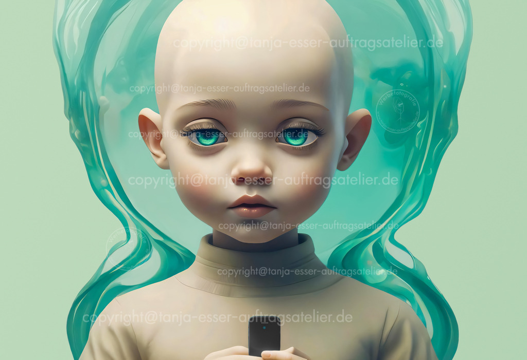 Ernster Junge mit Smartphone in einer Bubble | Konzeptuelles kunstvolles Bild zeigt einen kleinen Jungen, der mit seinem Smartphone in einer Bubble aufwächst. Der Algorithmus im Internet sorgt dafür, dass er die Vielfalt an Farben in der Welt nur gefiltert mit bekommt. Aufgearbeitetes generiertes KI Bild.