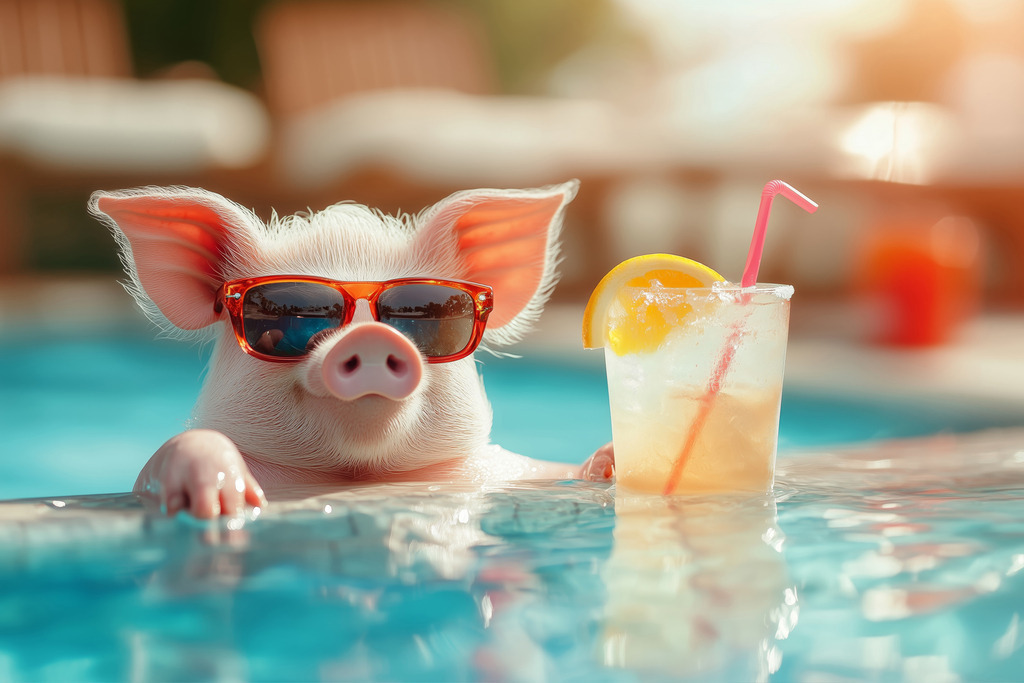 2411016 - Lustiges Schwein im Pool | Lustiges Motiv eines Schweins mit Sonnenbrille und Cocktail in einem Pool im Stil einer Fotografie.