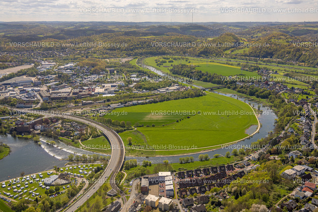 Hattingen230406859 | Luftbild, Ruhraue mit Wiese Im klyffer Feld, Ruhrbrücke Bochumer Straße, Campingplatz Ruhrbrücke, Hattingen, Ruhrgebiet, Nordrhein-Westfalen, Deutschland