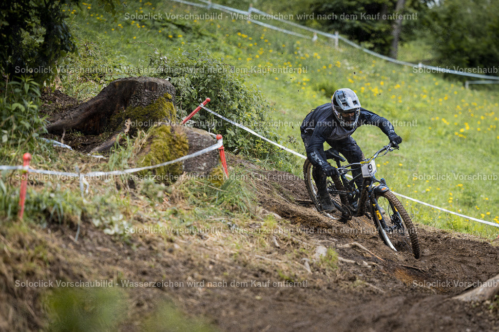 Mountainbiker im vollen Flug | Das Foto zeigt einen Mountainbiker in voller Montur, der einen staubigen, kurvigen Trail hinunterfährt. Er trägt einen schwarzen Helm und eine schwarze Jacke mit der Nummer 9 auf dem Rücken. Der Trail ist mit Erde bedeckt und mit einigen Felsen und Wurzeln übersät. Links und rechts des Trails befindet sich üppiges Grün, bestehend aus Gras und Büschen. Der Himmel ist bewölkt. - Realisiert mit Pictrs.com
