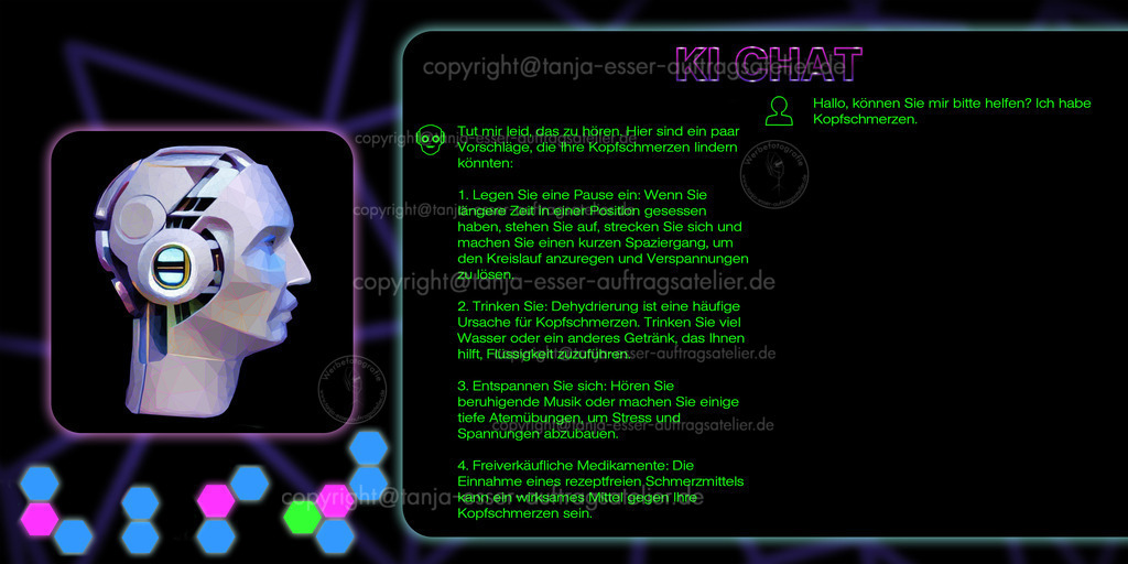 KI Chat deutsch D | Fiktive Chat Oberfläche für Unterhaltungen mit Chat KI. Links ist ein Roboter aus Polygonen. Rechts sind die Textnachrichten. Die Texte sind in Deutsch. Es geht um Tipps gegen Kopfschmerzen.