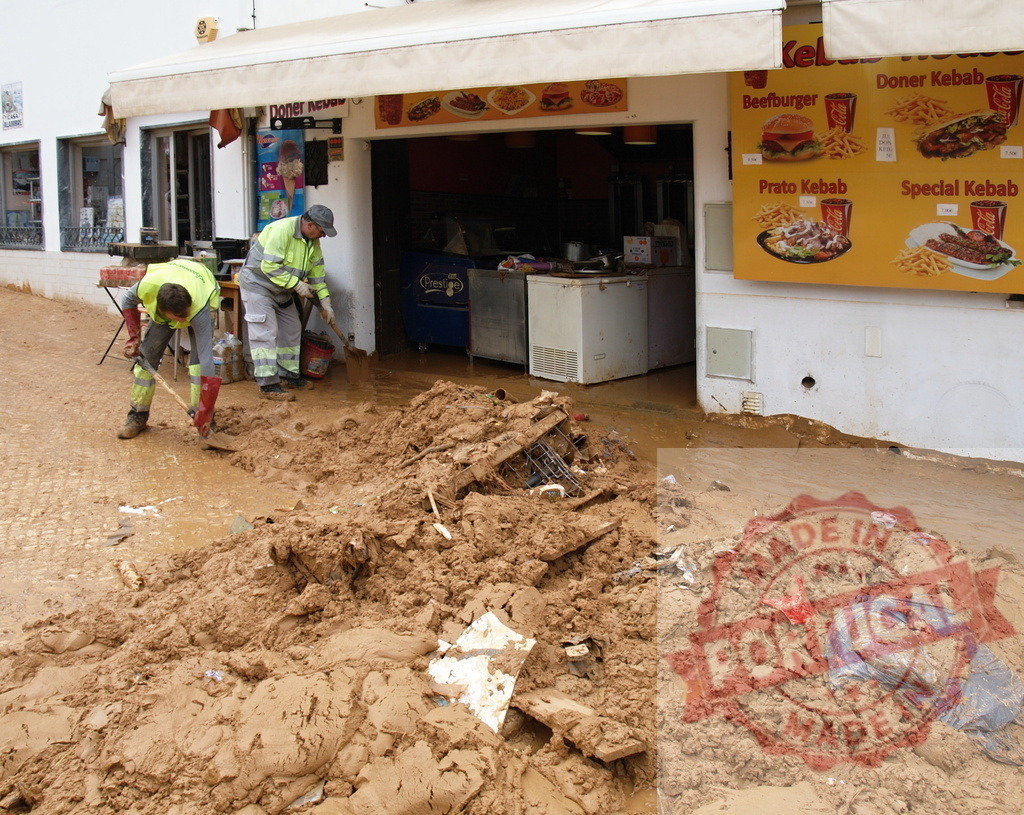 Workers cleaning mud and debris after devastating flood | Albufeira Flood - discruction by weather problems Workers clearing thick mud and rubbish from a damaged street after a natural disaster - Realized with Pictrs.com