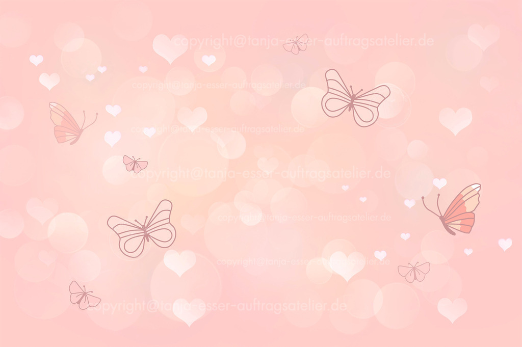 Schmetterlings Herzchen Hintergrund für Valentinstag | Hintergrund mit rosa farbigen Schmetterlingen, Bokeh Bubbles und Herzen für den Valentinstag. Rose Gold, pink und weiß.