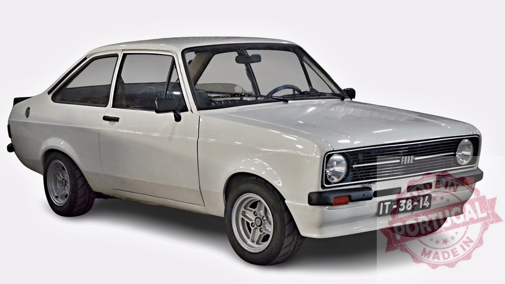 White Ford Escort MK2 classic car isolated on white | Ford Escort MK2 vintage coupe showing automotive design and transportation history - Realized with Pictrs.com