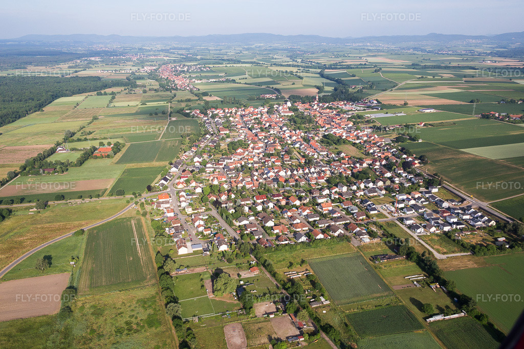 Luftbild: Ortsansicht der Straßen und Häuser der Wohngebiete in Minfeld im Bundesland Rheinland-Pfalz in Deutschland. Foto: IMG_080905.jpg vom 14.06.2015 durch Werner Riehm/FLY-FOTO.de