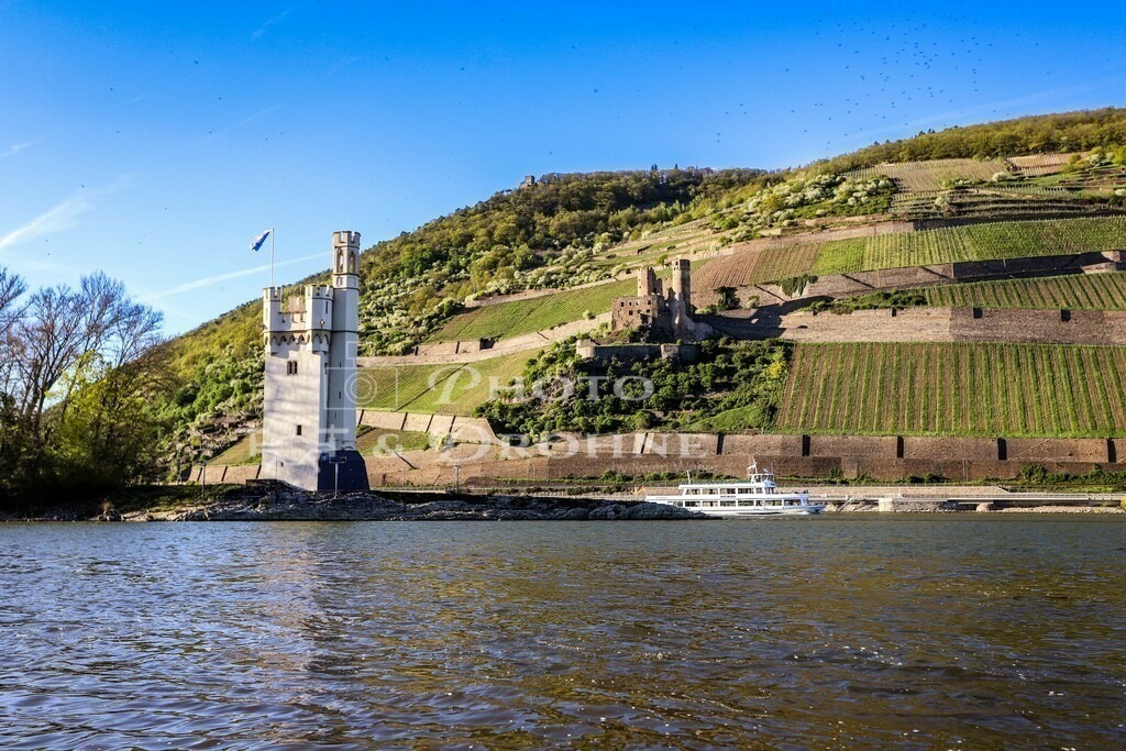 Bingen-6817 | Der Mäuseturm auf einer kleinen Insel vor Bingen am Rhein ist das Wahrzeichen der Stadt. Der Turm steht gegenüber der Ruine der Burg Ehrenfels in Rüdesheim. Hier ist das sogenannte Binger Loch. Früher waren hier Stromschnellen und Felsen im Rhein, die die Passage der Schiffe sehr schwierig machten. Diese wurden aber Mitte des 19. Jhd. gesprengt und der Rheinlauf begradigt. - Realisiert mit Pictrs.com