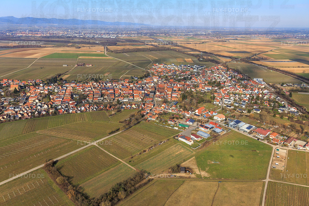 Ortsansicht von Süden | Luftbild: Ortsansicht von Süden in Insheim im Bundesland Rheinland-Pfalz in Deutschland. Foto: IMG_125813.jpg vom 07.03.2021 durch Werner Riehm/FLY-FOTO.de - Realisiert mit Pictrs.com