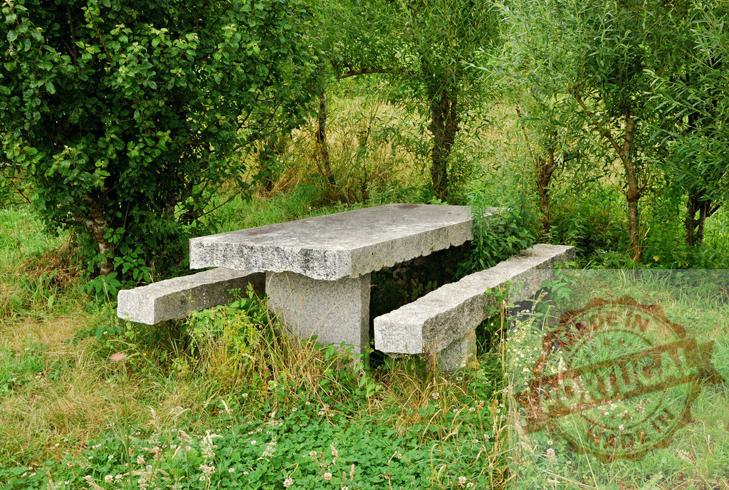 Stone picnic table and benches in peaceful forest clearing. Galicia - Spain | Stone picnic table with benches resting on grass in a tranquil natural forest clearing - Realisiert mit Pictrs.com