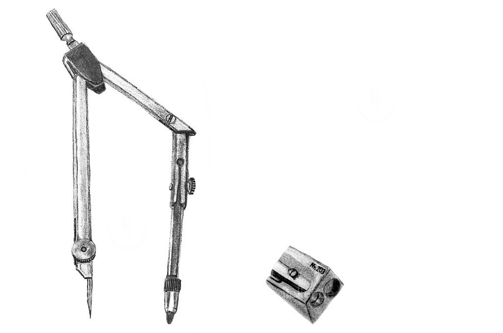 Zirkel und Anspitzer Bleistiftzeichnungen | Bleistift Zeichnung von Zirkel und Anspitzer abgezeichnet von realen Objekten auf Papier.