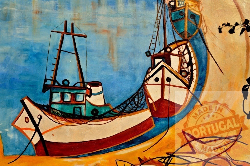 Abstract art painting showing fishing boats in harbor | Abstract painting depicting several fishing boats with nets and outline fish shapes - Realized with Pictrs.com