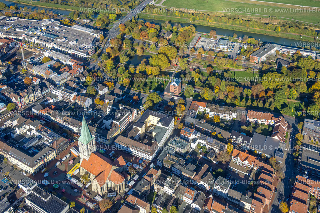 Hamm251001467 | Luftbild, City und evang. Pauluskirche, Wochenmarkt auf dem Marktplatz, Pädagogisches Zentrum, Mitte, Hamm, Ruhrgebiet, Nordrhein-Westfalen, Deutschland